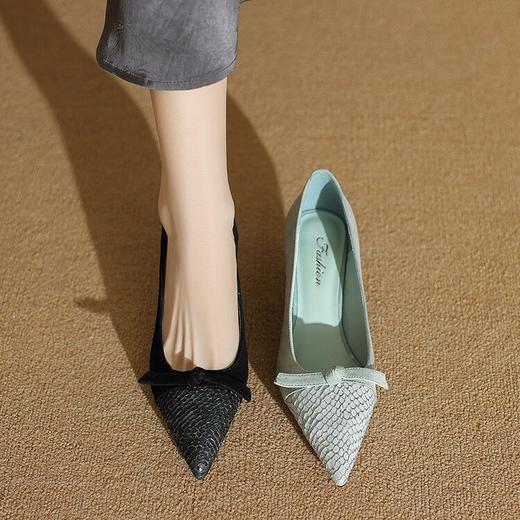 【预售5天】绿色尖头高跟鞋，细跟羊反绒浅口法式蝴蝶结中跟单鞋YS&0262 商品图2