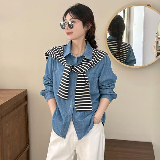 25春季新款韩版复古牛仔蓝衬衫纯棉ins通勤简约百搭长袖衬衣！ 商品图3