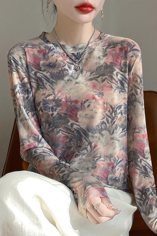 百媚生 圆领修身短款晕染印花网纱T恤YT-A62 商品图7