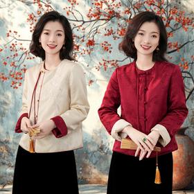 西子/【白雪红梅】桑蚕丝提花刺绣中式圆领正反两穿夹棉棉服外套/MFYG044