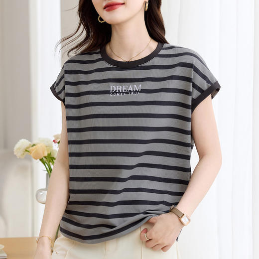 雀说条纹短袖t恤女女装小众设计感上衣宽松显瘦半袖体恤AL20061 商品图1