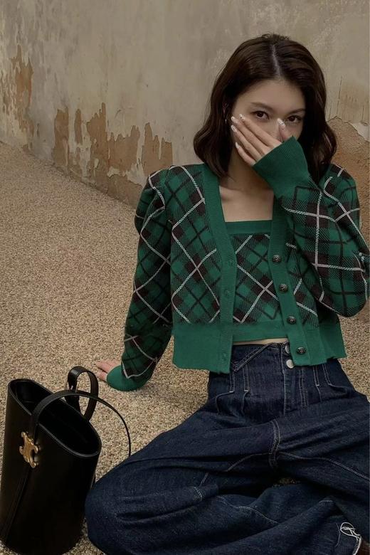 LNNNS 绿色格纹背心开衫两件套 17812 商品图1