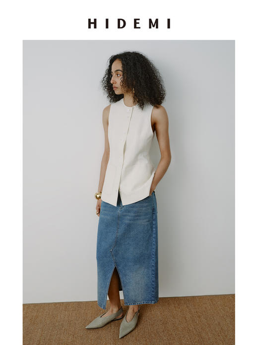 HIDEMI 水洗做旧猫须牛仔蓝开衩设计感H型半身裙 商品图4