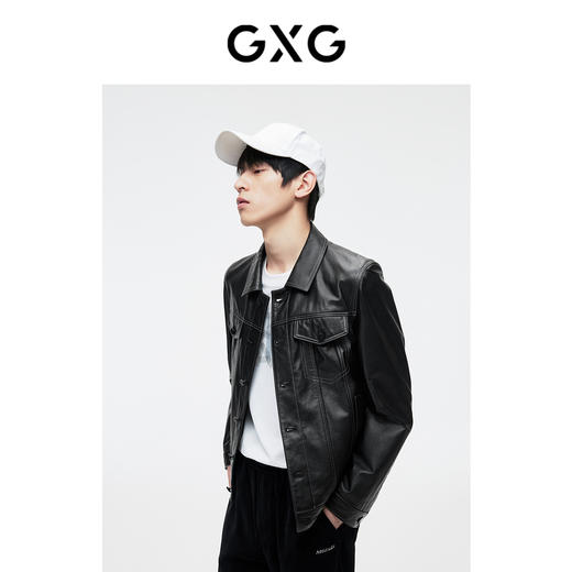 GXG男装 经典翻领皮衣短款百搭时尚休闲明线设计  春季热卖 商品图1