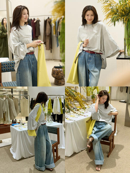 HIDEMI 多重水洗牛仔蓝做旧感中腰大阔腿单宁牛仔裤 商品图2