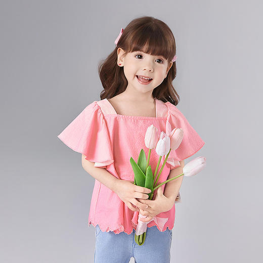 笛莎Deesha 童装女童衬衫2025夏新款女童优雅荷叶袖绣花下摆衬衫 商品图0