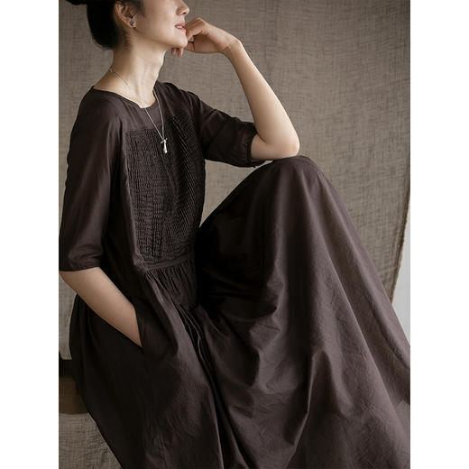 牧衣游原创100支纯棉打条连衣裙新品轻薄飘逸宽松气质长裙 秦桑曲 商品图1