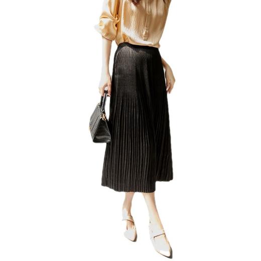 雀说新款气质半身裙重工压褶松紧腰光泽感中长款A字百褶裙AL4342 商品图4