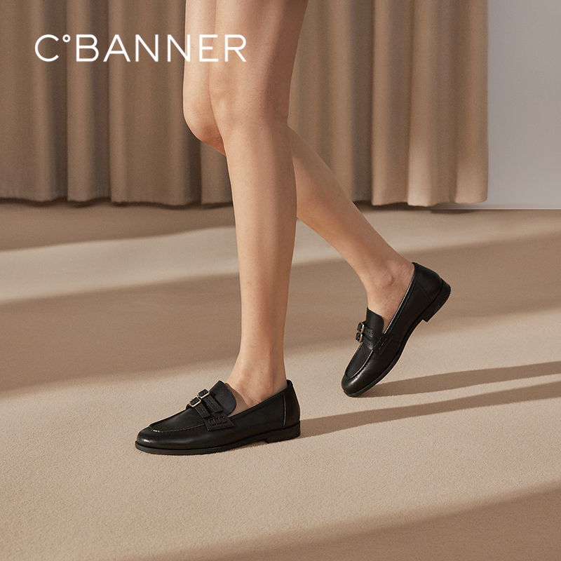 千百度低跟复古乐福鞋女款真皮经典豆豆鞋通勤单鞋A25199826