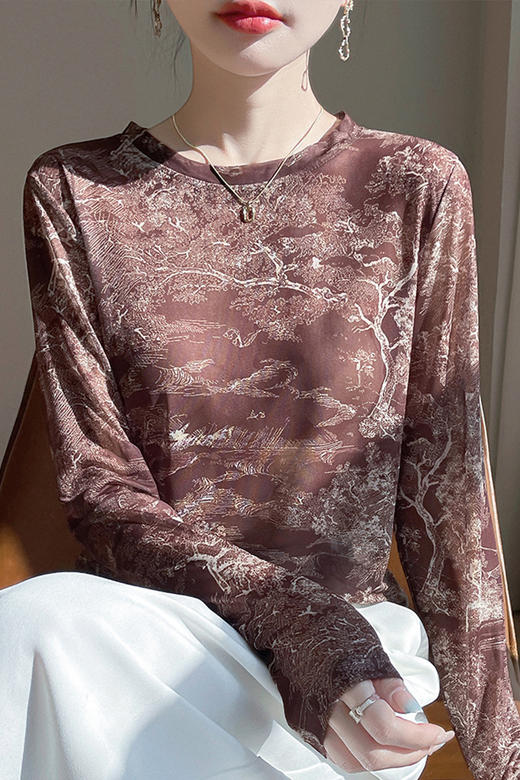 百媚生 圆领修身短款晕染印花网纱T恤YT-A62 商品图8