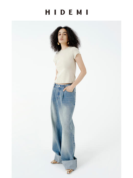 HIDEMI 多重水洗牛仔蓝做旧感中腰大阔腿单宁牛仔裤 商品图9
