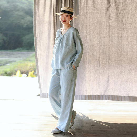 绽放215-216朵/天丝亚麻复古浅蓝搭配提花纹理经典新中式百搭套装 商品图0