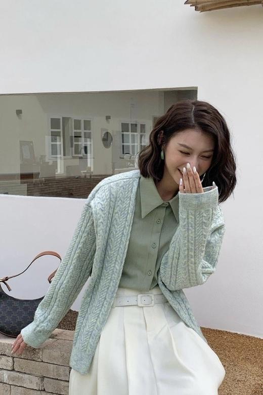 LNNNS 绿色拼接衬衫针织上衣 17818 商品图1