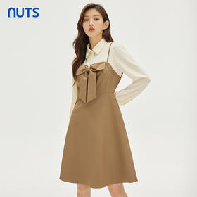 NUTS春秋新品时尚撞色优雅修身气质蝴蝶结长袖连衣裙333102128