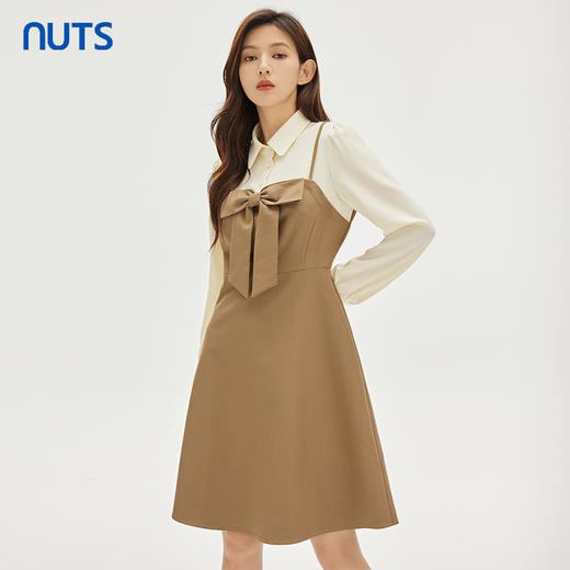 NUTS春秋新品时尚撞色优雅修身气质蝴蝶结长袖连衣裙333102128 商品图0