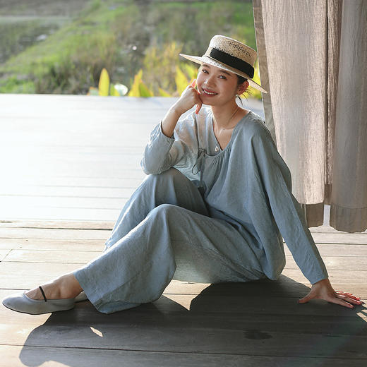 绽放215-216朵/天丝亚麻复古浅蓝搭配提花纹理经典新中式百搭套装 商品图2