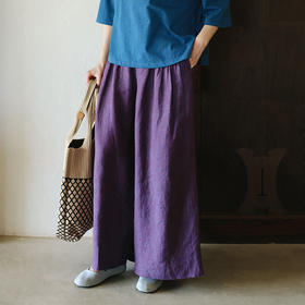 绽放旅行女装111朵/色织亚麻半腰松紧内加抽绳捏塔克褶透气阔腿裤