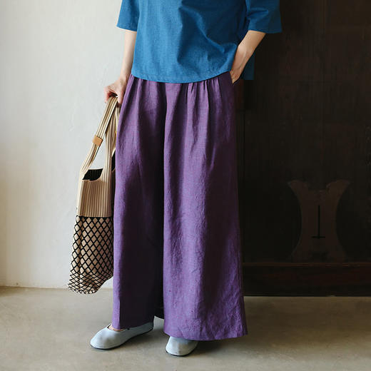 绽放旅行女装111朵/色织亚麻半腰松紧内加抽绳捏塔克褶透气阔腿裤 商品图0