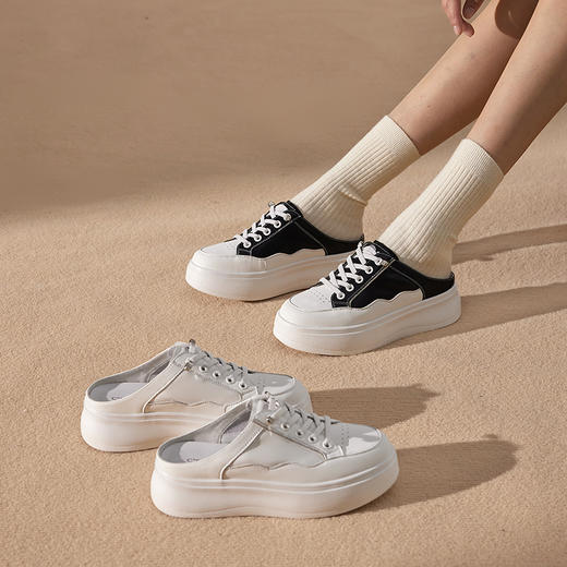 千百度厚底一脚蹬包头拖女休闲小白鞋增高外穿半拖鞋A25212176 商品图1