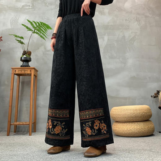 雀说新款文艺民族绣花提花重工刺绣复古裤子宽松阔腿裤长裤AL34044 商品图5
