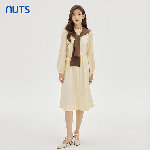 NUTS春秋新品纯色时尚温柔气质圆领长袖连衣裙333101166 商品图2
