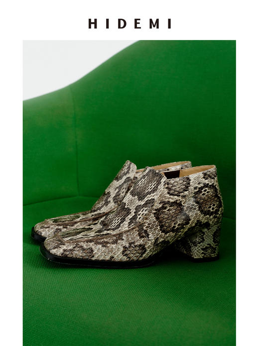 HIDEMI 进口顶级甄选蟒蛇皮极简方头都市设计感粗跟中跟皮鞋 商品图5
