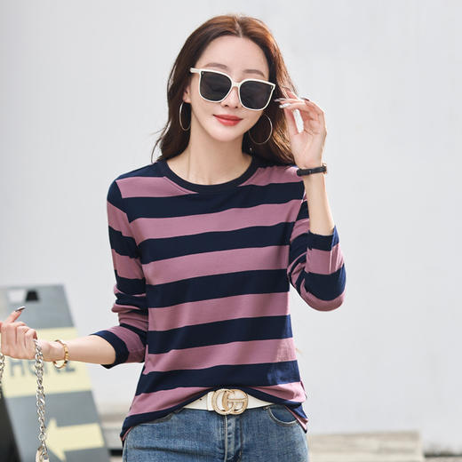 百媚生 条纹长袖T恤棉质圆领上衣9898 商品图0