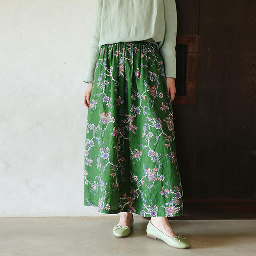 绽放旅行女装116朵/亚麻底印花全腰松紧内加抽绳显瘦A字摆半裙 商品图0