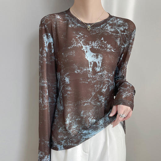 百媚生 圆领修身短款晕染印花网纱T恤YT-A62 商品图1