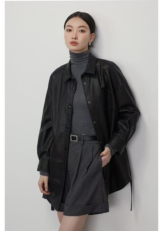 杨幂同款衬衫式一手长显瘦绵羊皮衬衫外套皮夹克 商品图11