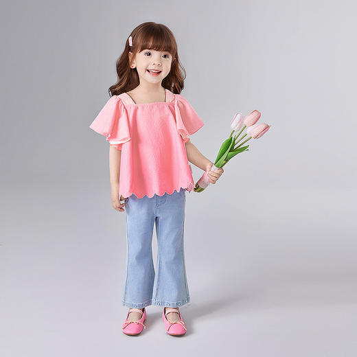 笛莎Deesha 童装女童衬衫2025夏新款女童优雅荷叶袖绣花下摆衬衫 商品图2