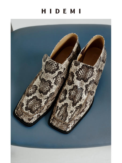 HIDEMI 进口顶级甄选蟒蛇皮极简方头都市设计感粗跟中跟皮鞋 商品图4