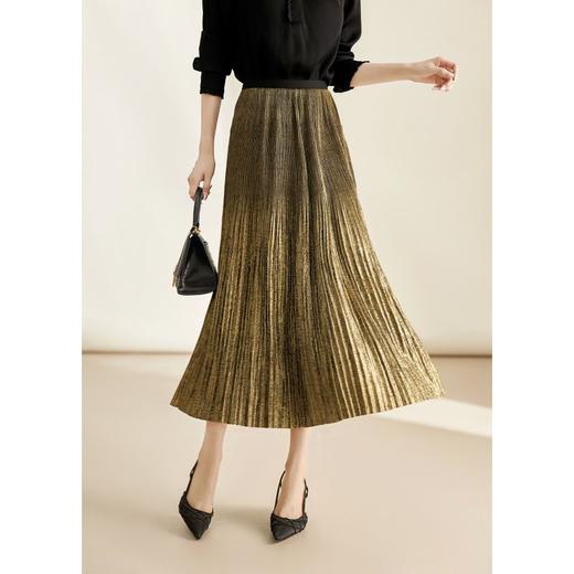 雀说新款气质半身裙重工压褶松紧腰光泽感中长款A字百褶裙AL4342 商品图0