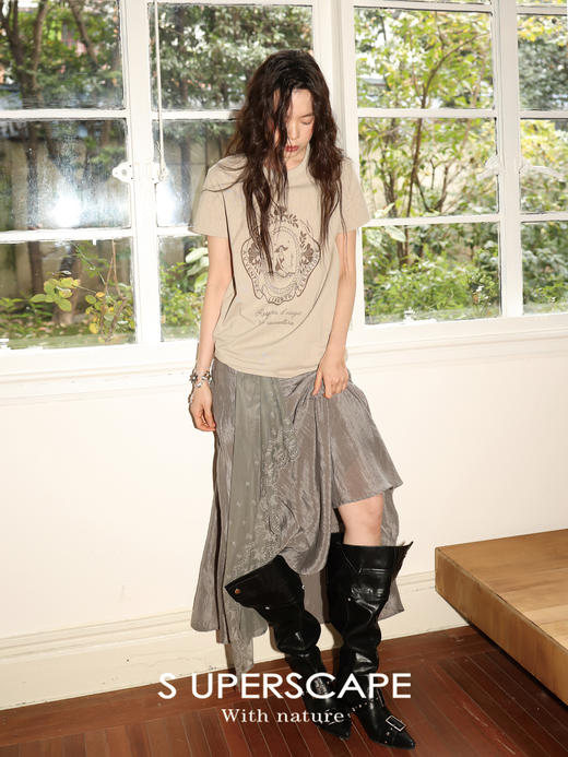 SUPERSCAPE素舶 春夏珠光皱感蕾丝拼接插片设计感长半裙 商品图0