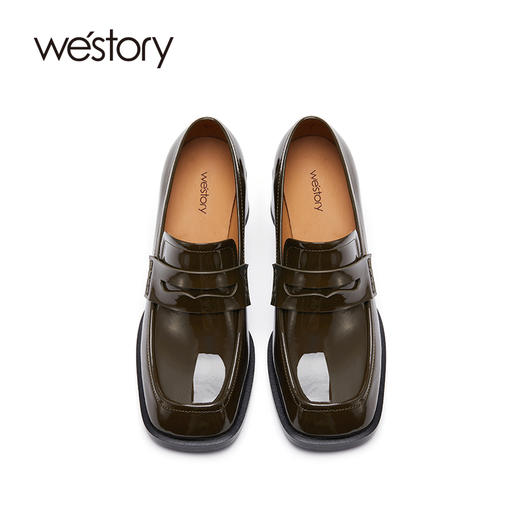 westory春秋季亮面纯色通勤粗高跟方头真皮乐福单鞋女71901 商品图3