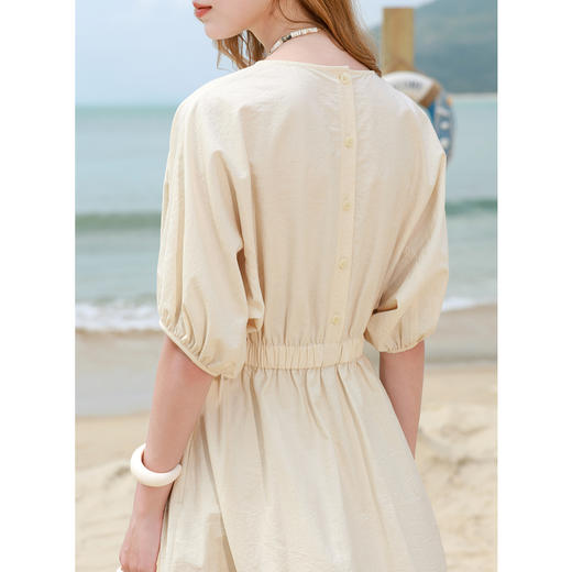 三彩2025夏季新款设计感连衣裙蝙蝠袖圆领收腰A字裙长裙M 商品图2