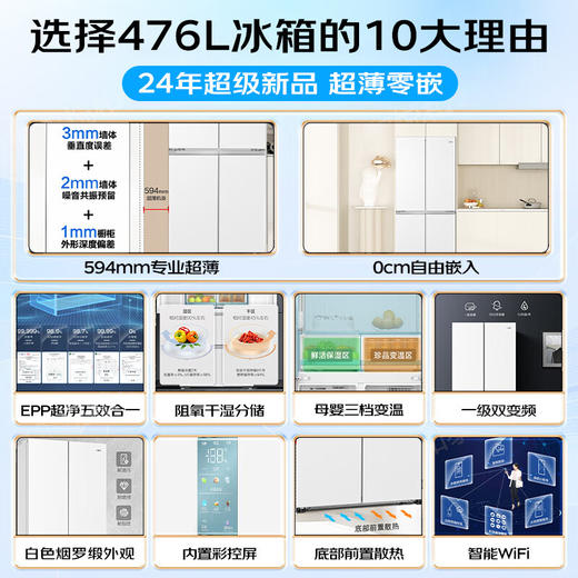海尔（Haier）冰箱476升594mm超薄零嵌十字门对开干湿分储EPP超净宽幅变温一级双变频节能BCD-476WGHTDB9W1U1彩晶玻璃 商品图1