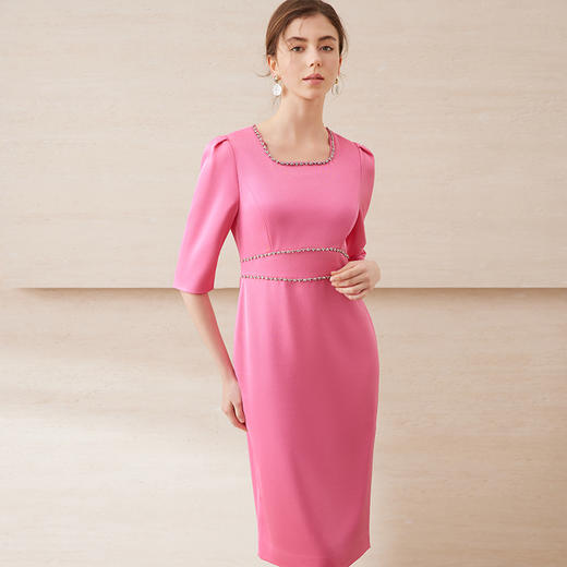 EITIE爱特爱春季新款方领气质优雅钉珠收腰显瘦礼服连衣裙7777413 商品图8