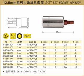 波斯   12.5mm系列六角旋具套筒   6mm  长55mmBS368806