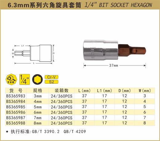 波斯 6.3mm系列六角旋具套筒5mm  长37mm BS365985 商品图0