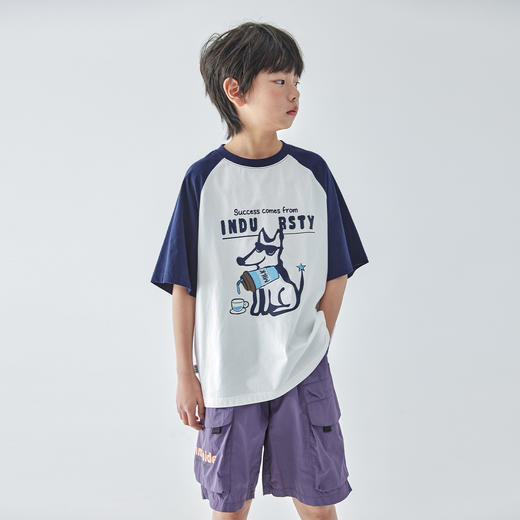 蓝汽水25夏季全棉针织撞色插肩短袖T恤趣味小狗字母印花卡通上衣 商品图2