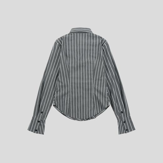 GOODBAI 粗体logo条纹翻领打褶收腰斜襟长袖衬衫 商品图2