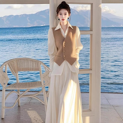 春季大方得体穿搭高级感显瘦马甲衬衫半身裙三件套 商品图1