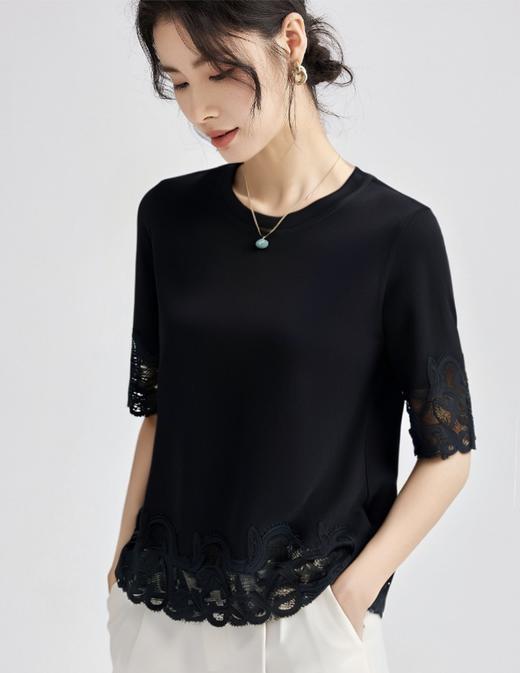 【自】全新升级【铂金会员109/天猫139/差价30】(13521) 洛诗琳蕾丝拼接圆领半袖T恤2025新款简约百搭显瘦纯色上衣 商品图1