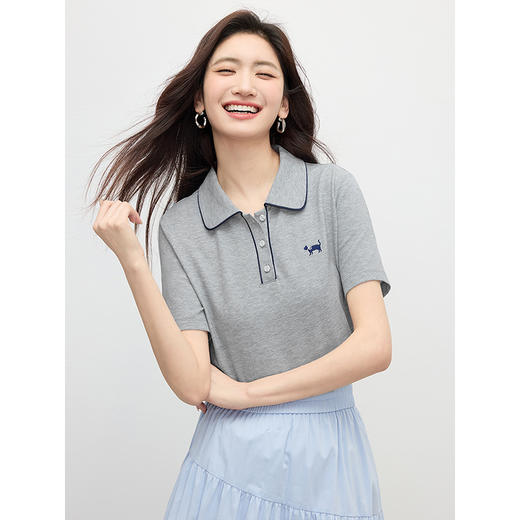 【专属特价】熙世界休闲通勤Polo衫女短袖2025夏新款小猫刺绣气质翻领T恤上衣 商品图4