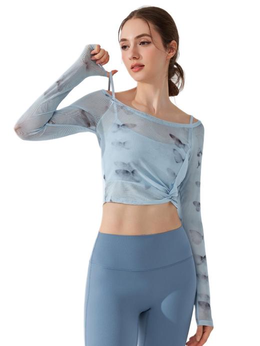 新款假两件蝴蝶网纱运动普拉提瑜伽服长袖固定式胸垫速干罩衫JL YC337 商品图4