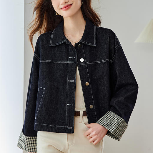 设计感格子翻袖牛仔衬衫外套女2025春秋装上衣💕 商品图5