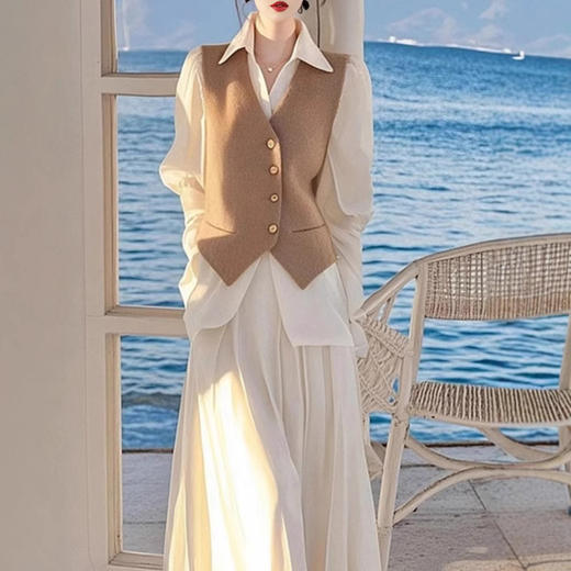 春季大方得体穿搭高级感显瘦马甲衬衫半身裙三件套 商品图3