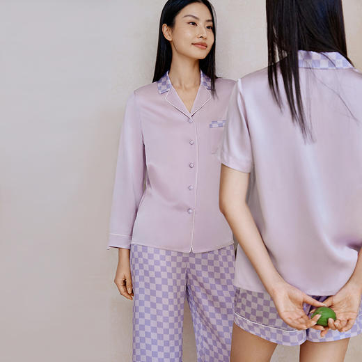 金三塔100%桑蚕丝女真丝睡衣简约棋盘格衣裤套长袖长裤短袖短裤家居服  YSFFB202/ YSFFB404 商品图3