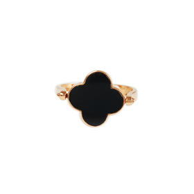 【天然正品】A货翡翠AU750黄金镶天然冰种幸运四叶草可翻转墨翠戒指19号（戒圈可改）女士现售价：3280！130325AH32